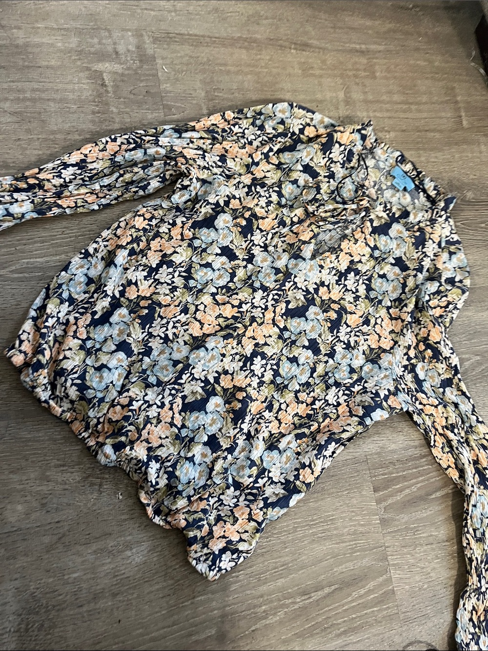 CeCe Navy Floral Long-Sleeve Blouse with Peach & Cream Flowers